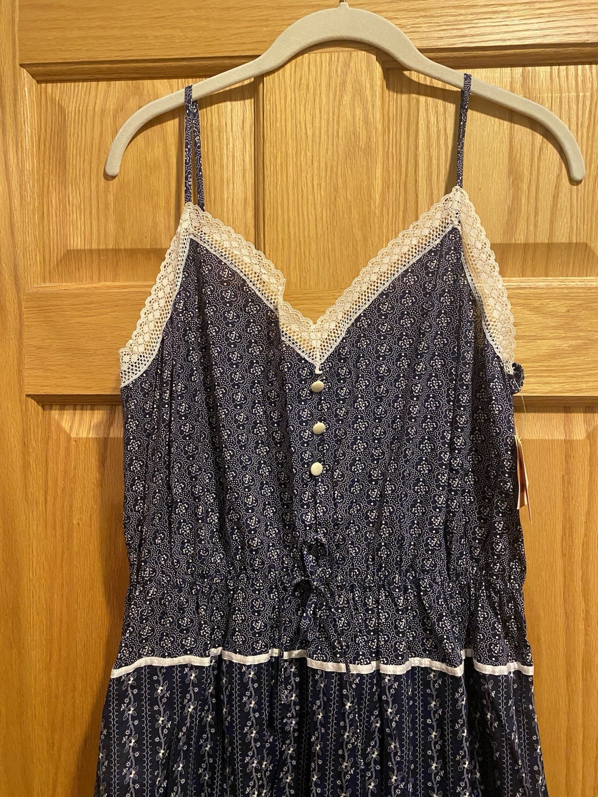 JCPenney navy cotton sun dress spaghetti straps floral lace prairie NWT Large