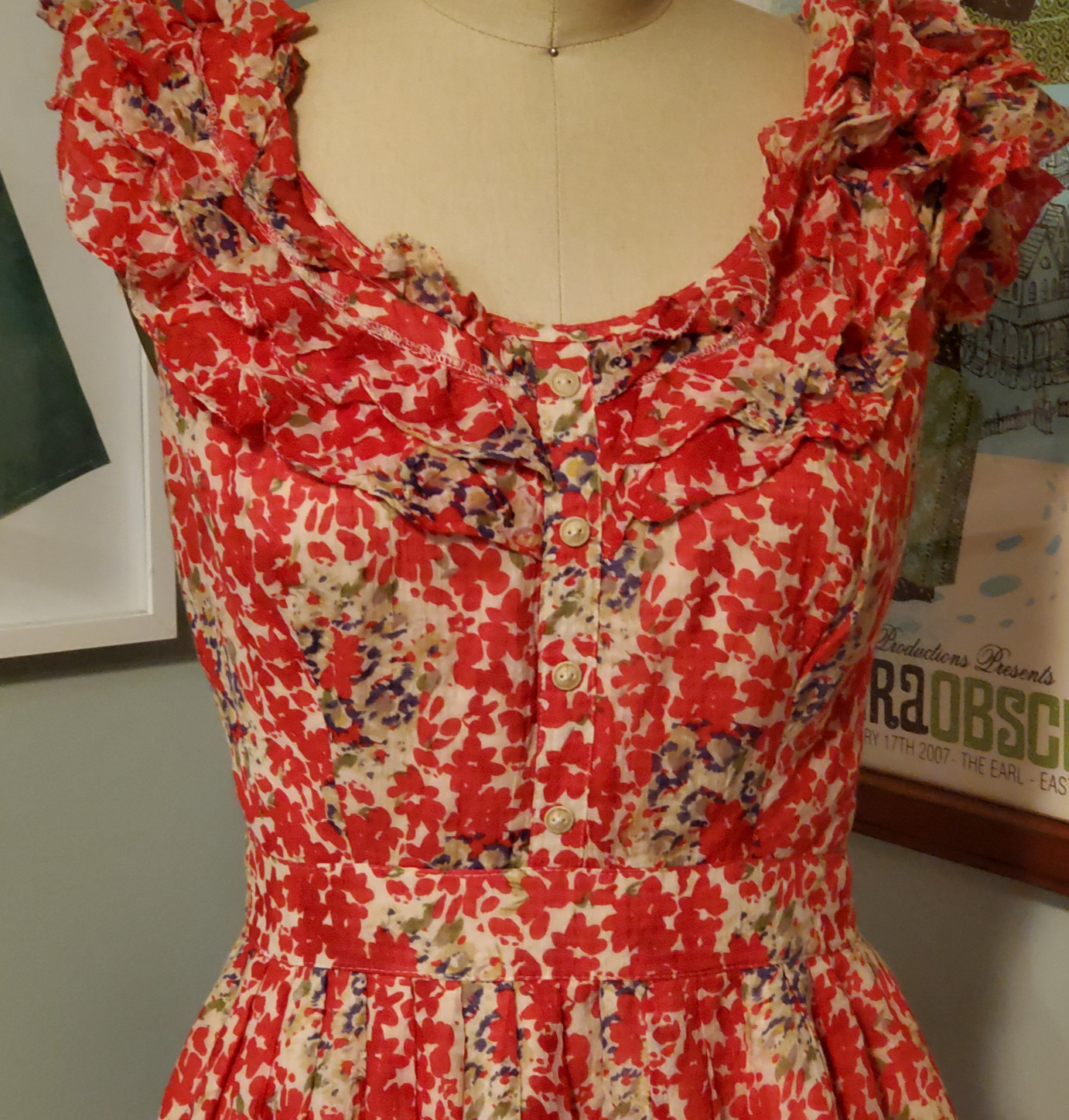 90s VTG Kay Unger Cotton + Silk Red Floral Patterened Dress w/ Frilled Collar