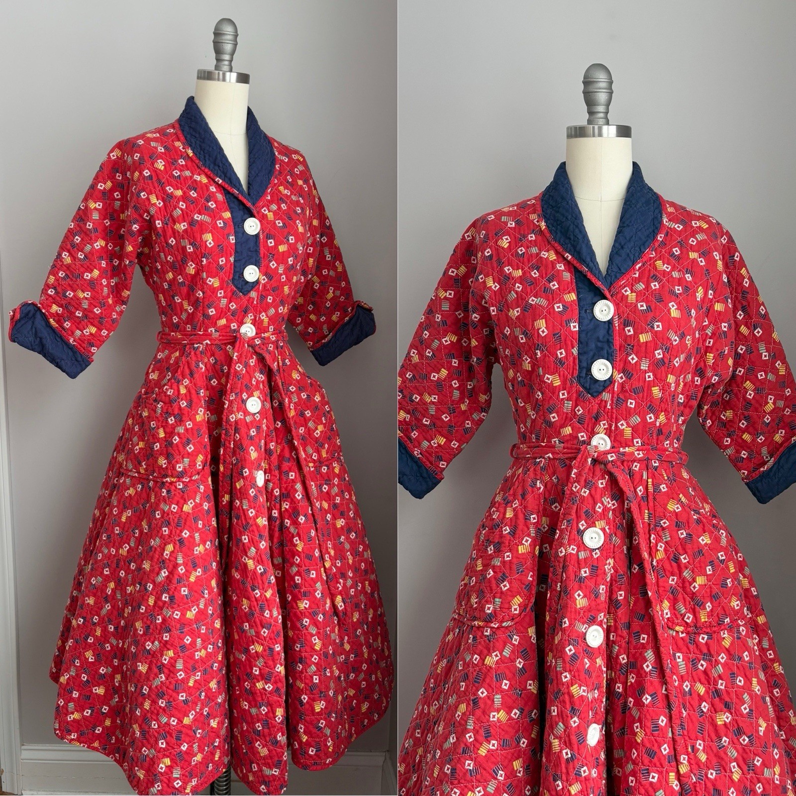 Vintage 40’s 50’s Quilted Cotton Full Circle Skirt Robe Dressing Gown Size XS