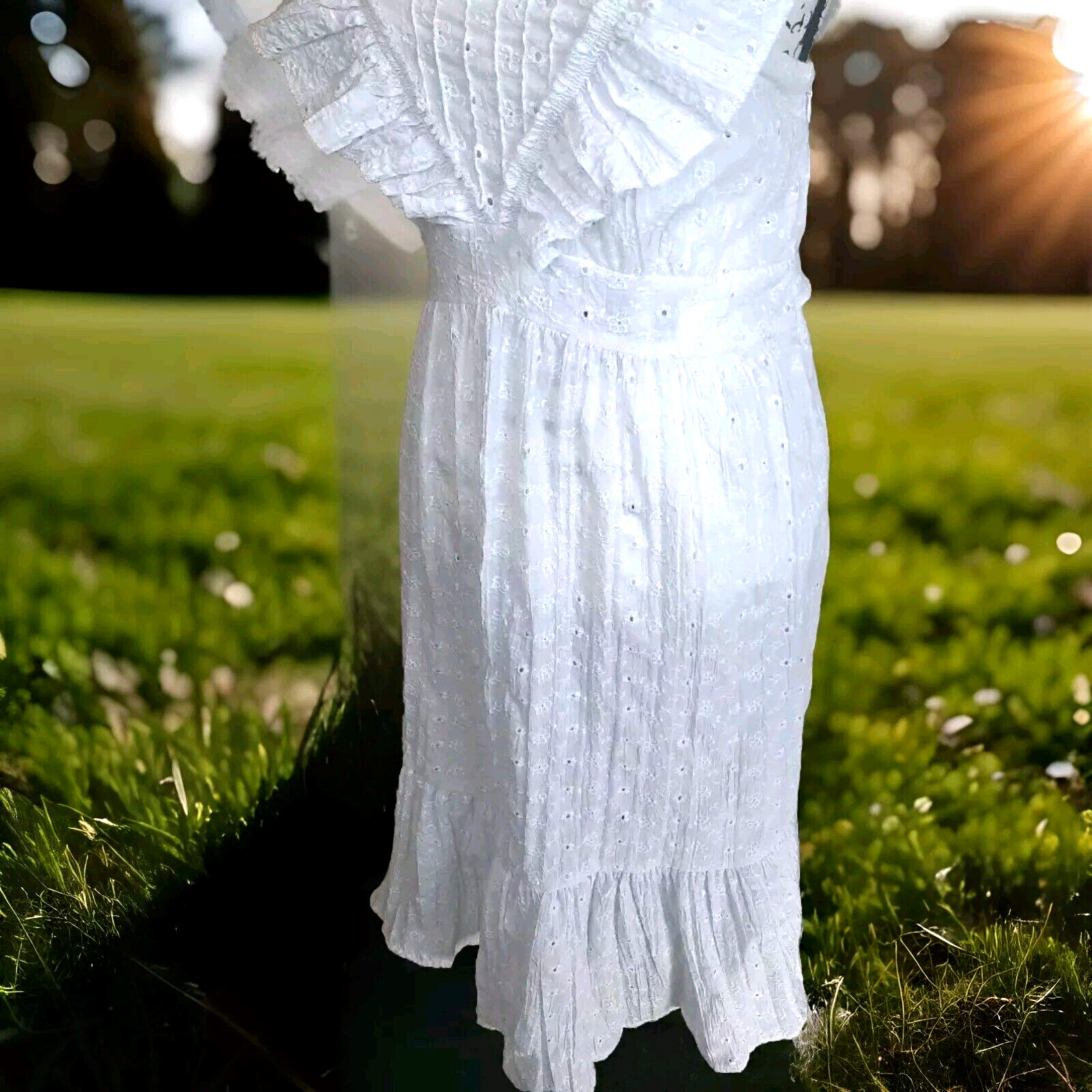 Vtg Eyelet Lace Ruffle Bow Pinafore Midi Dress Sz M White Cottagecore Coquette