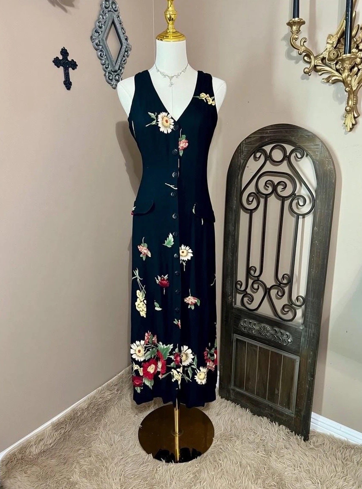 Vintage 90s Black Floral Button Down Tank Dress Cottagecore Boho Grunge Size L