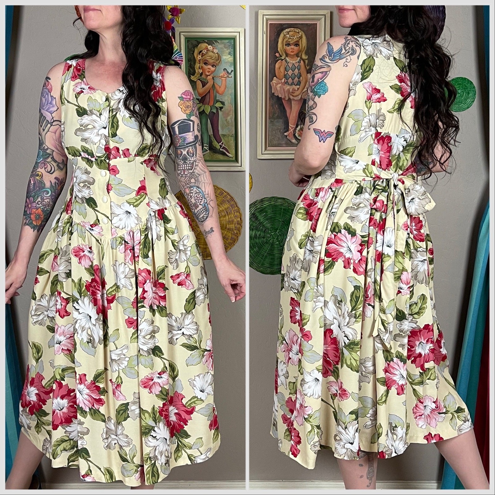 Vintage 1990s Yellow Floral Sleeveless Petite Midi Sundress | 32″ Waist