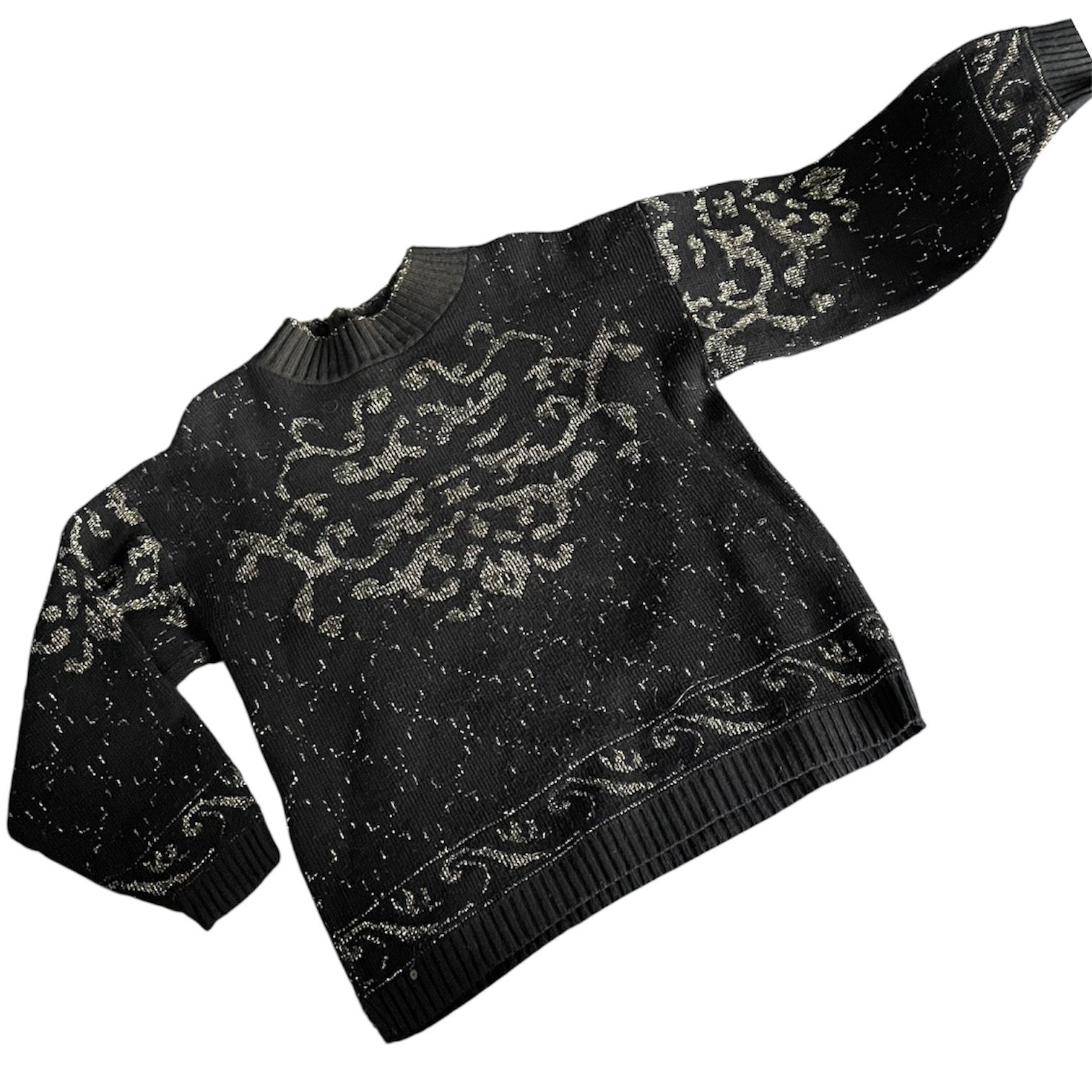 Vintage Black Gold Metallic Lurex Scroll Pattern Mock Neck Sweater Made in USA