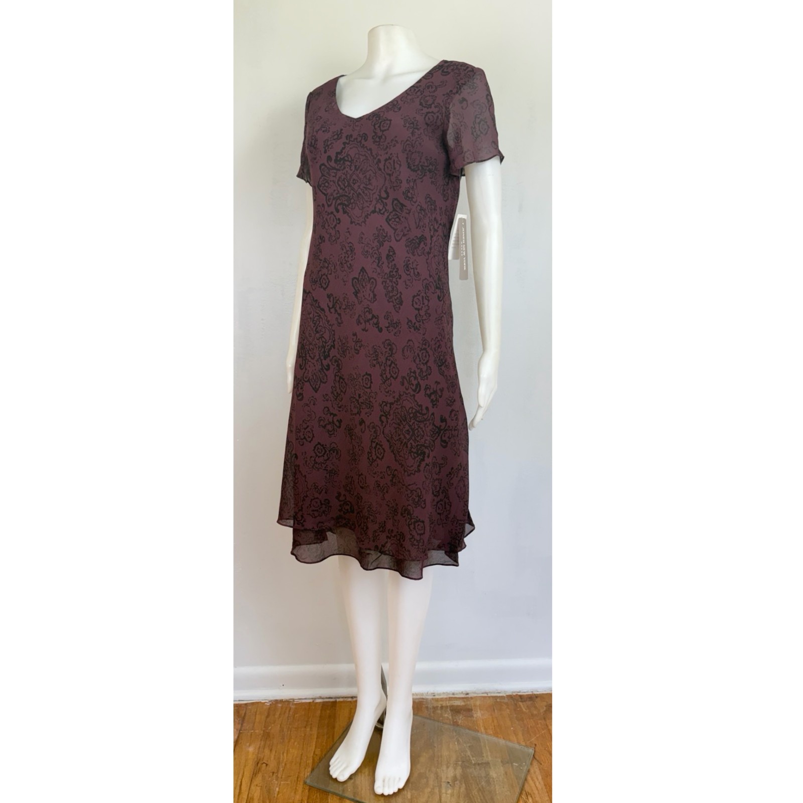 Vintage Bias Cut Silk Dress Size Small 90s Purple Filigree Damask Print Wiggle