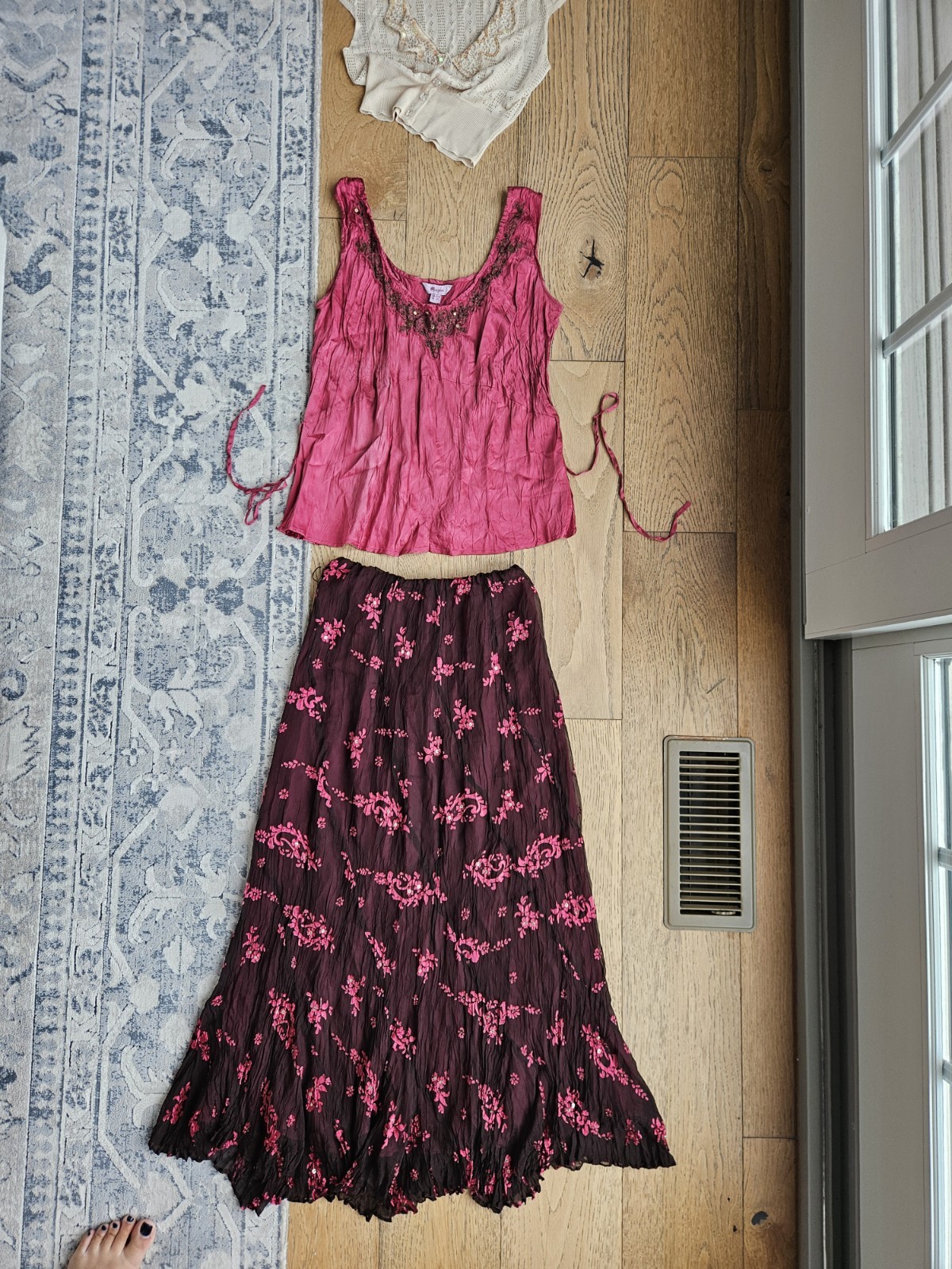 VTG Y2K Monsoon 100% Silk Embellished Rhinestone Bias Cut Cami Top And Skirt Set