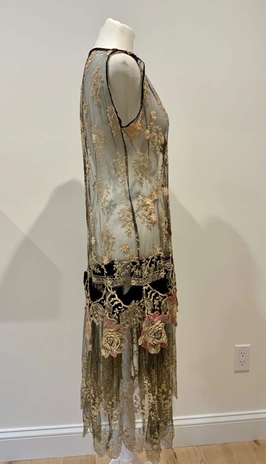 Rare 1920s French Lace Dress. Black Net & Pink Floral Embroidery. Restored S