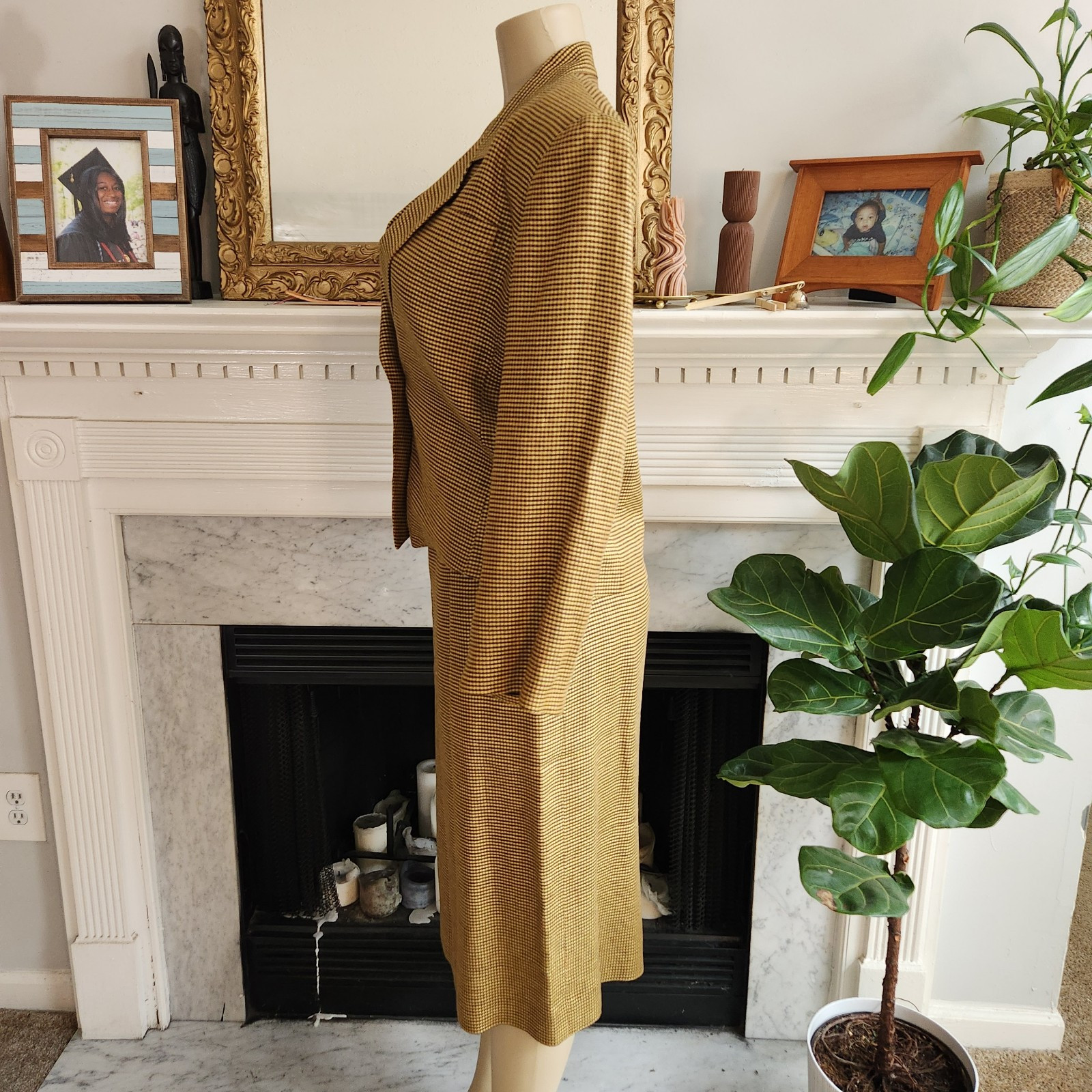 Vintage 80s Yellow Plaid Linen Skirt Suit Black Career Wear to Work Size 6
