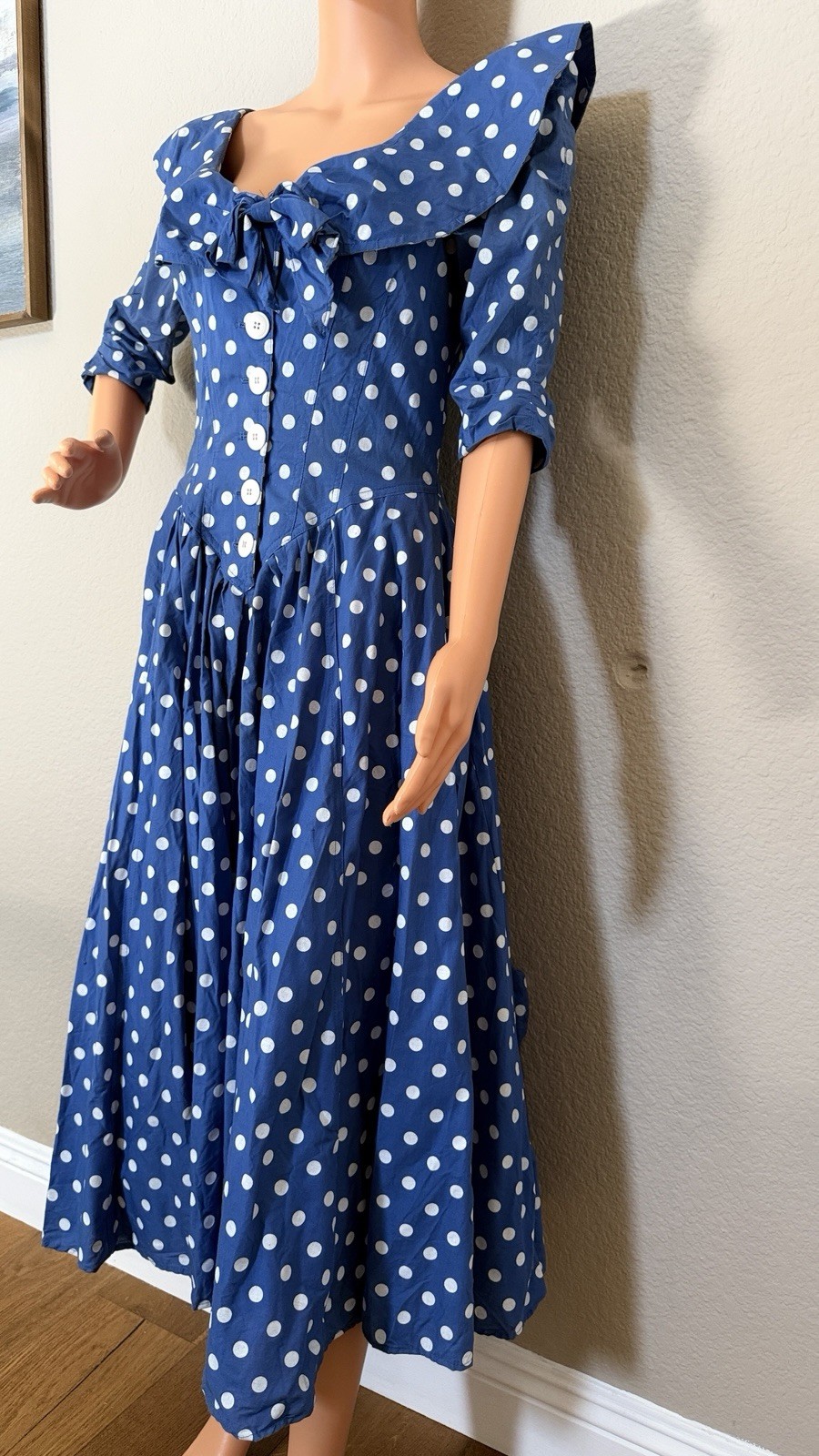 Vintage Karen Alexander 80s Blue Polka Dot Cotton Full Sweep Dress Size 8