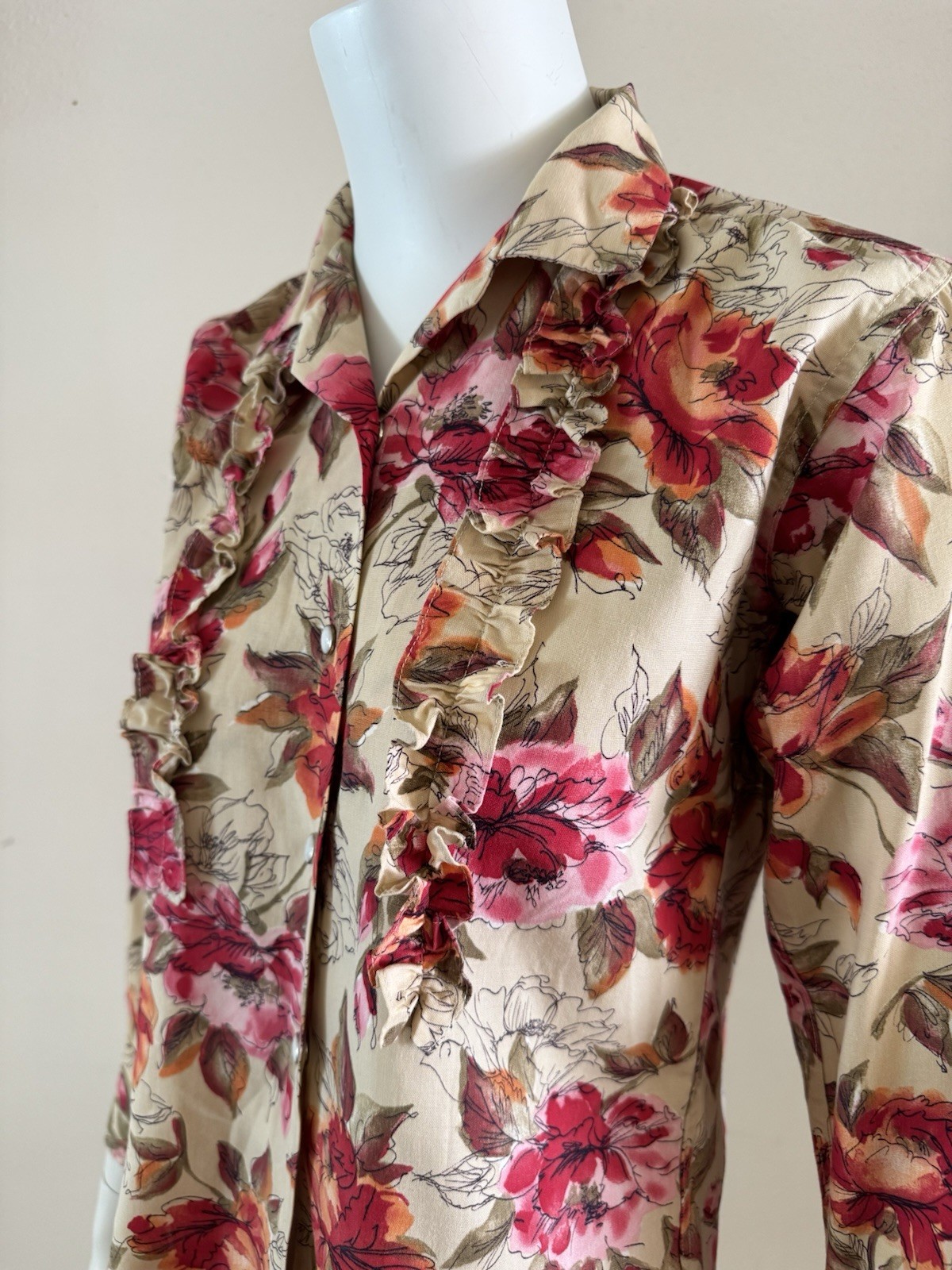 H Bar C Western Pearl Snap Ruffle Blouse Floral Rockabilly Shirt USA S Vintage