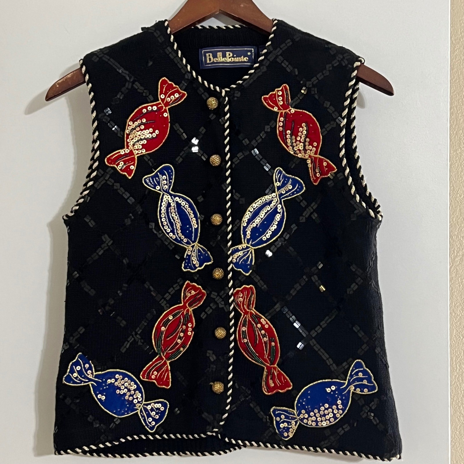 Vtg BellePointe Christmas Sweater Vest Candy Beaded Novelty 90s Women’s Small