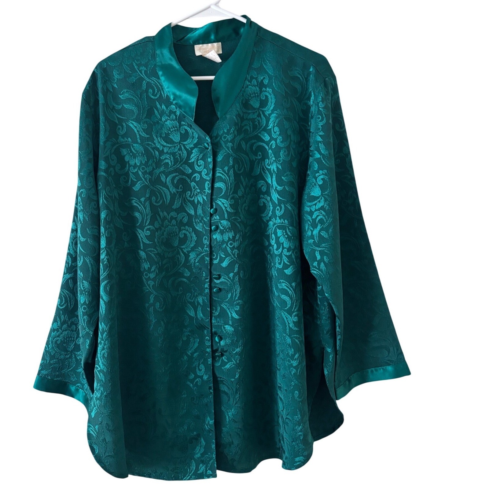 Vintage Inner Most Teal Jacquard Floral Button Front Blouse Top Long Sleeve L