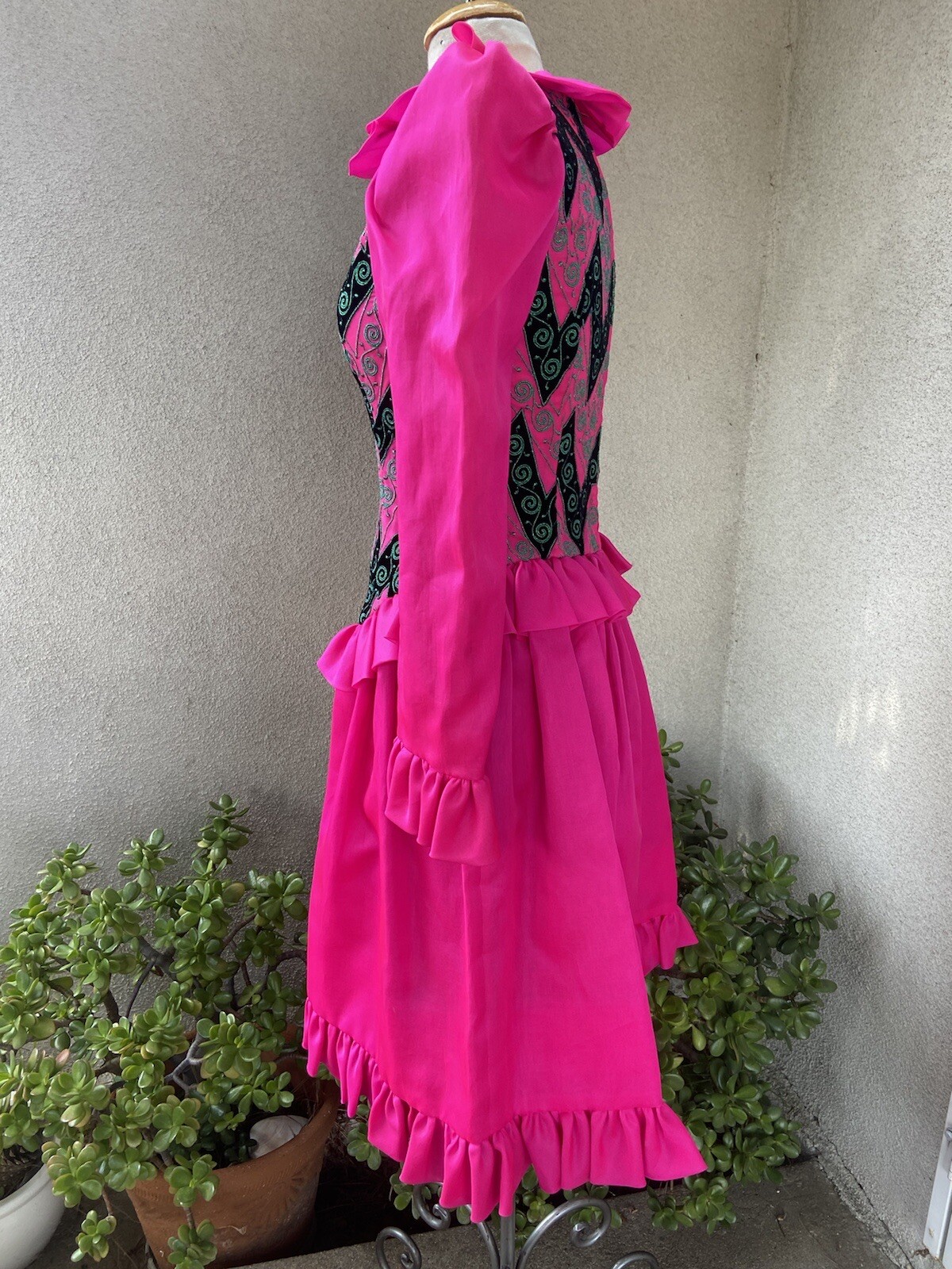 Vtg Amen Wardy designer neon chiffon dress ruffles embroidery XS/S P