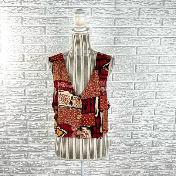 Vintage JD Wright Patterned Patchwork Vest Size 12 Red Black Cream