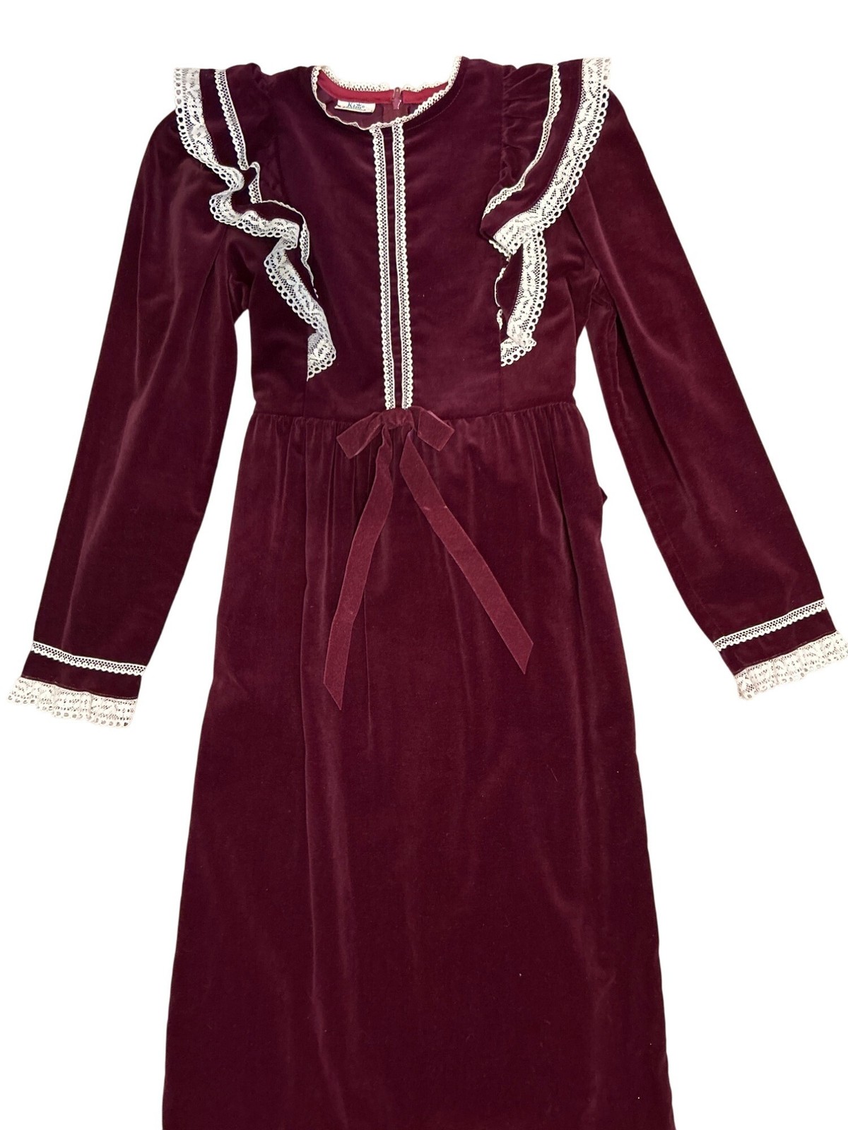 Vintage Burgundy Velvet Prairie Dress Lace Trim & Bow Detail Long Sleeve Ruffle