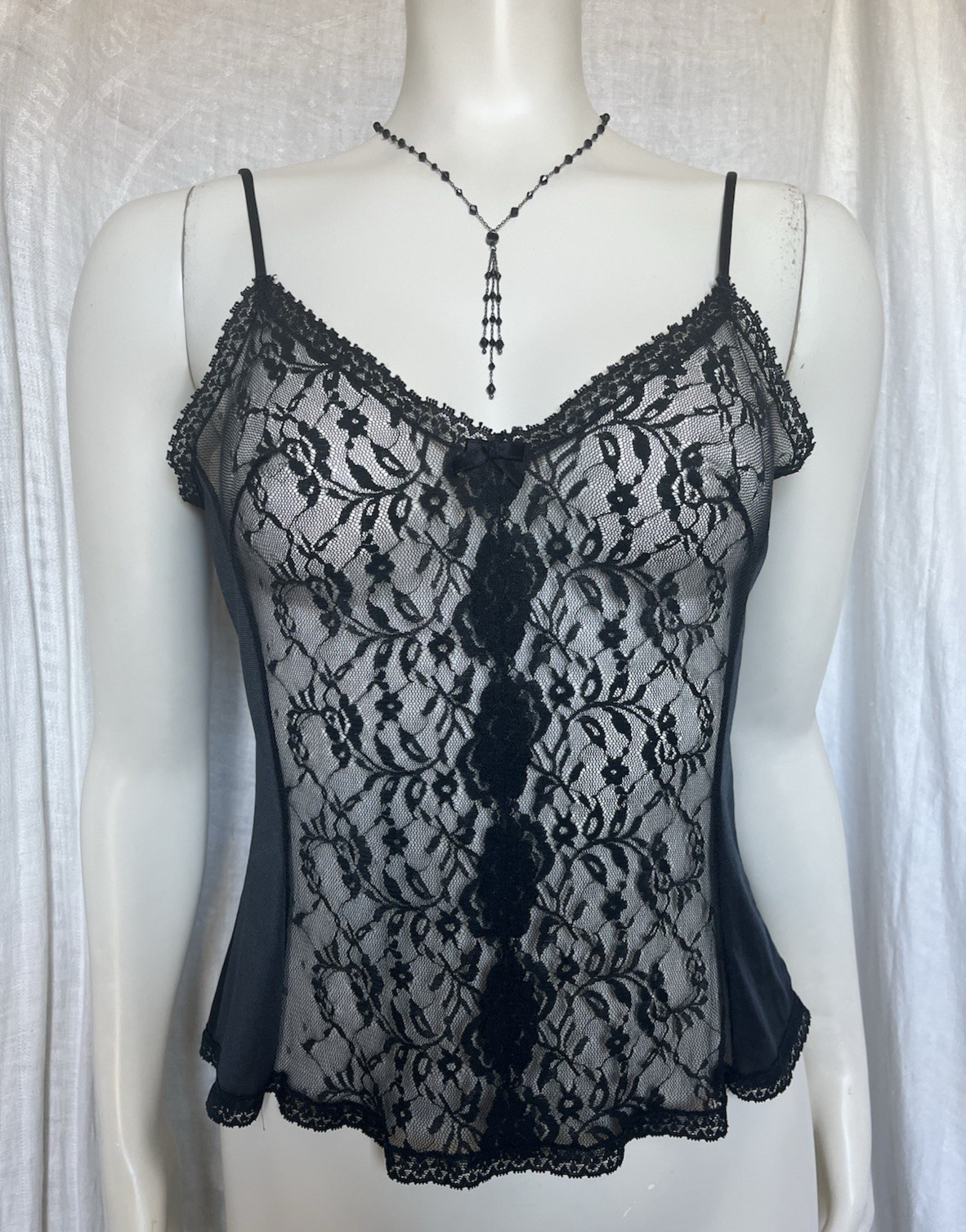 Vintage Lace Camisole Slip Top Black Sexy Evening Gothic Romantic 70s Lingerie M