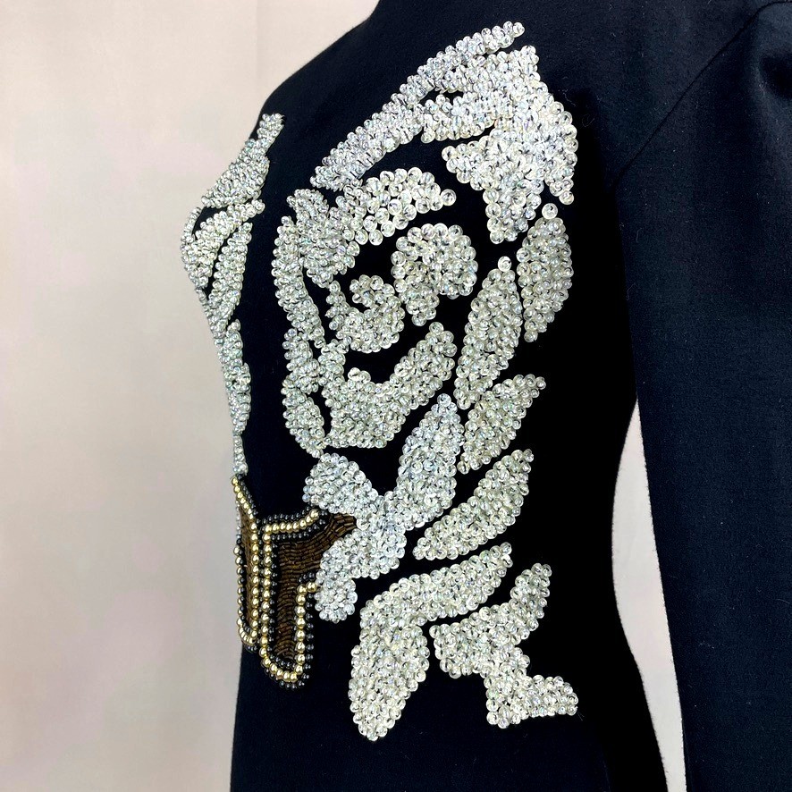 Vintage Womens (S/M) 90s Beaded Bodycon LBD Cocktail Dress Mini Mobwife McBling