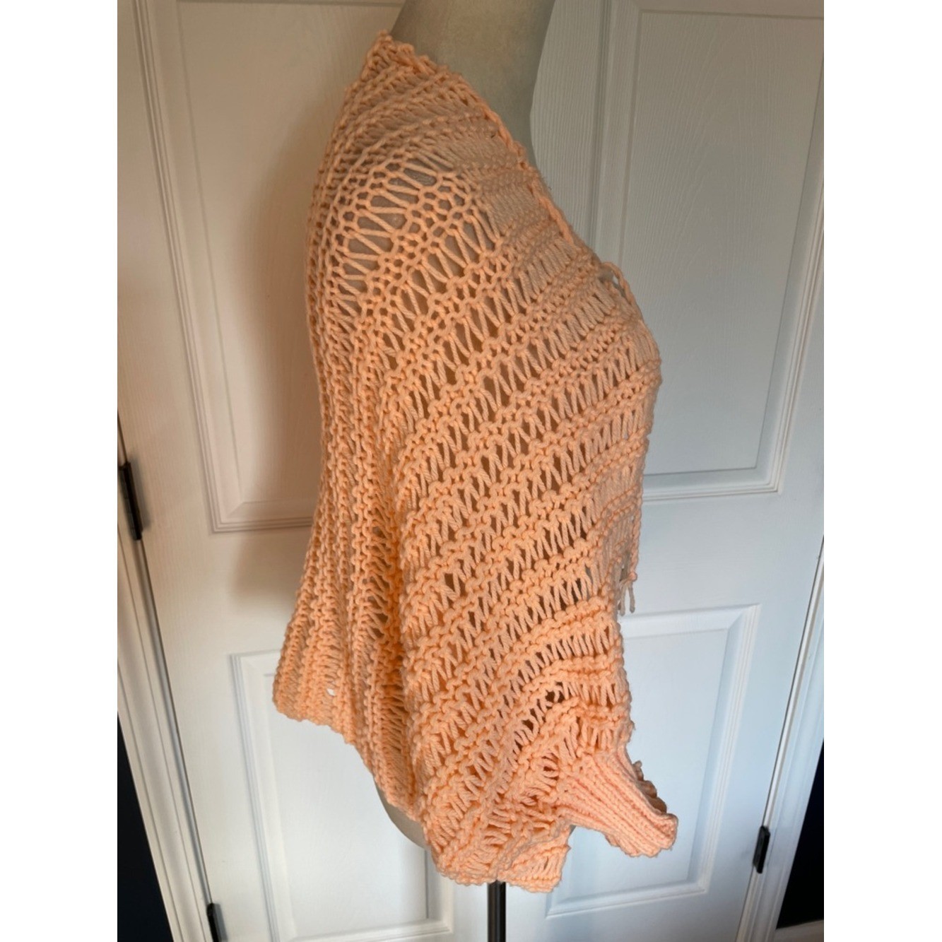 Vintage Handmade Lightweight Peach Open-Knit Tie-Front Cardigan One Size