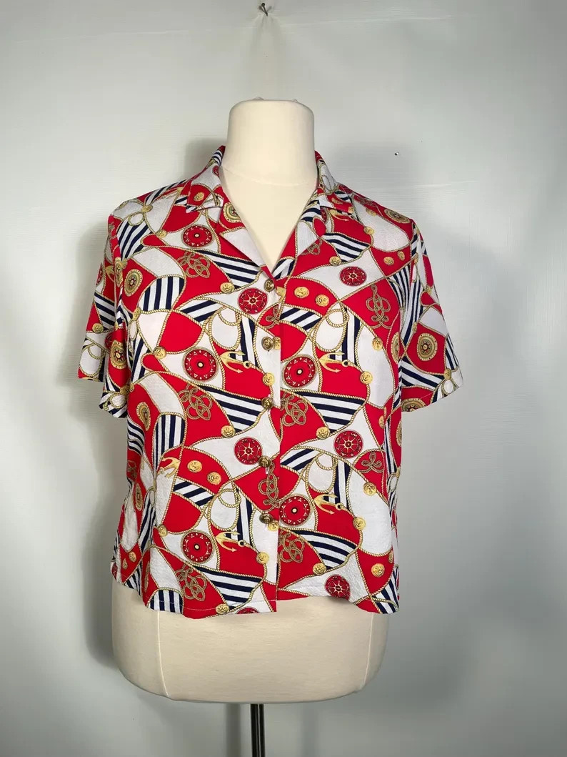 Vintage 80s/90s Plus Size Nautical Rope And Anchor Print Blouse Size XL/2XL