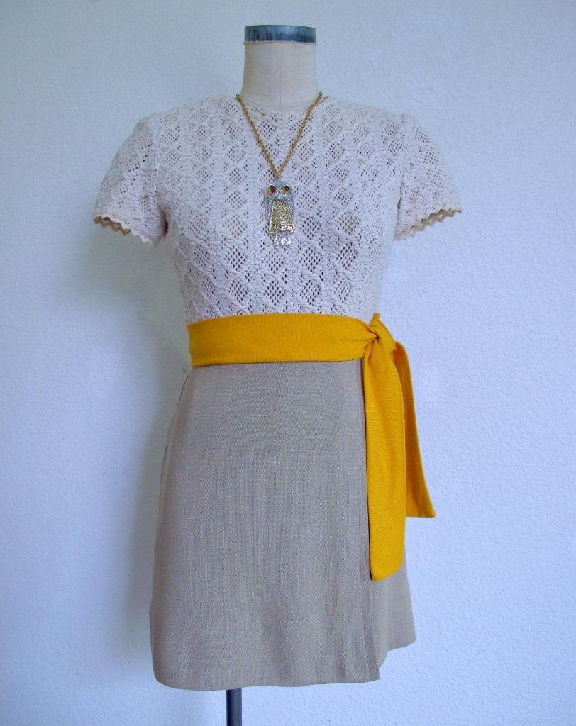 Vtg 60s Lanz Mod Mini Dress XXS Ivory Crochet Top Tan Skirt Orange Sash Autumn