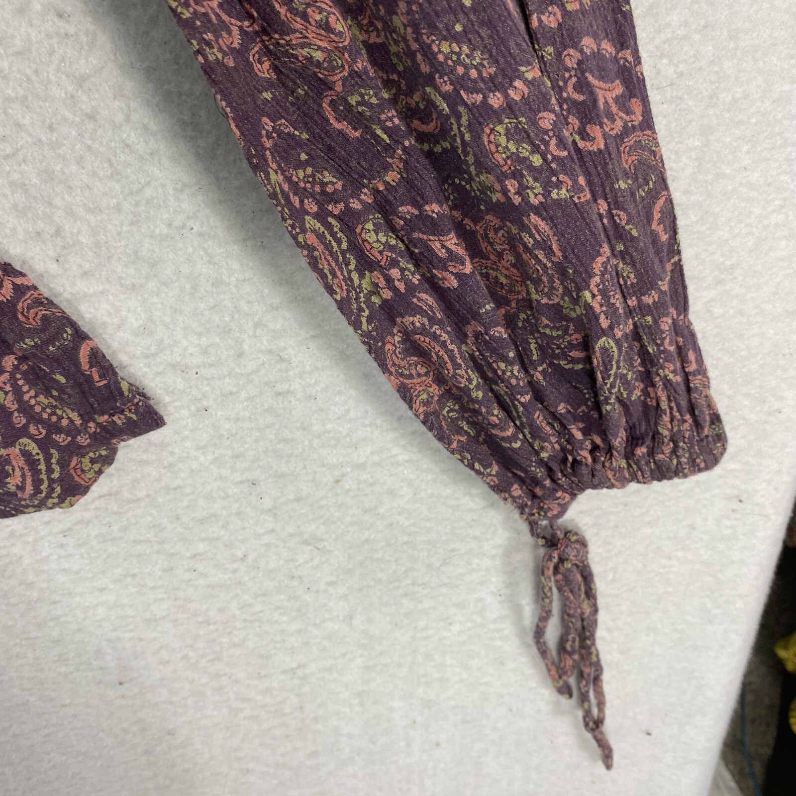 VTG Boho Peasant Balloon Sleeve Gauze Top L Purple Paisley 90s Blouse