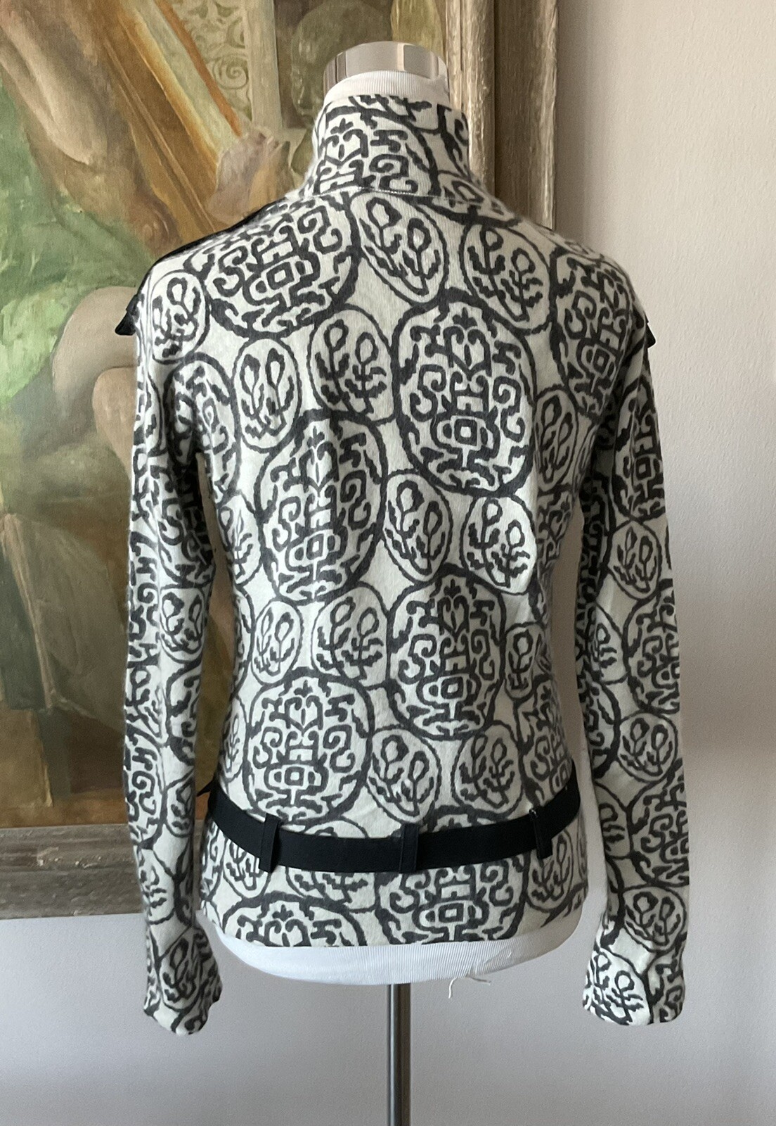1980s JOHN GALLIANO Grey+White Turtleneck Sweater Black Epaulets+Belt Med