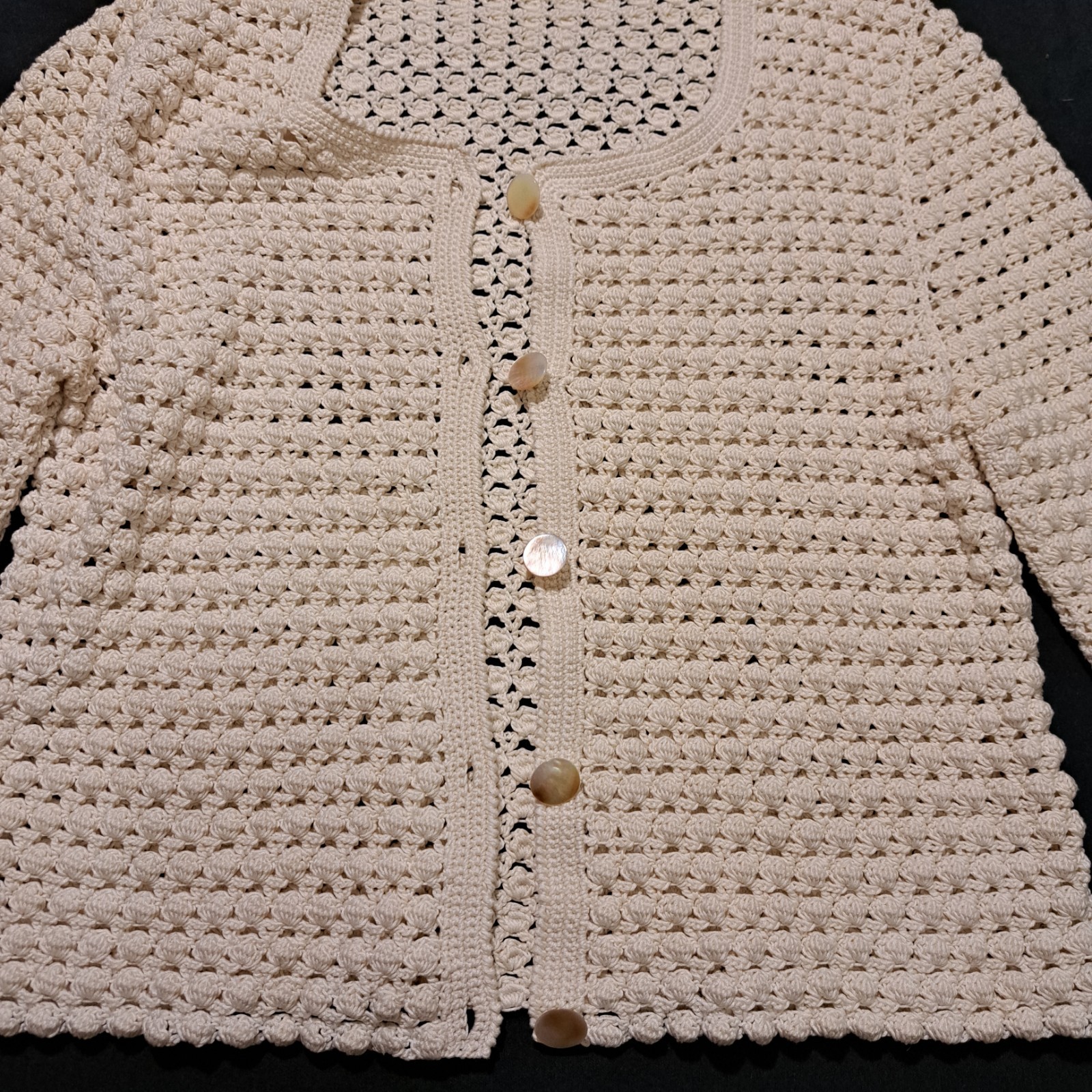 Vintage 80s 90s Handmade Crochet Cardigan Ivory MOP Buttons Ukrainian Handcraft