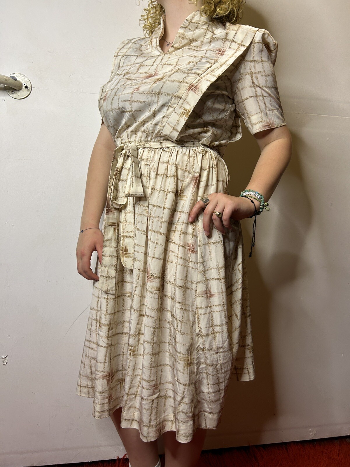Vintage 1980s Shirred Shirt Tie Waist Dress Brown Grid Collared Midi Panel AU 14