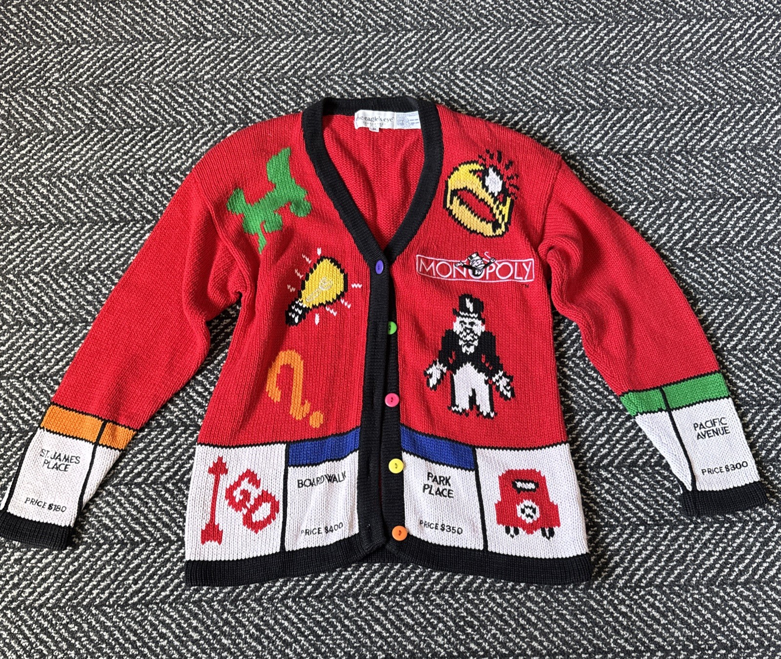 Vtg The Eagle’s Eye MONOPOLY BOARD GAME knit cardigan Women’s Size Medium RARE!