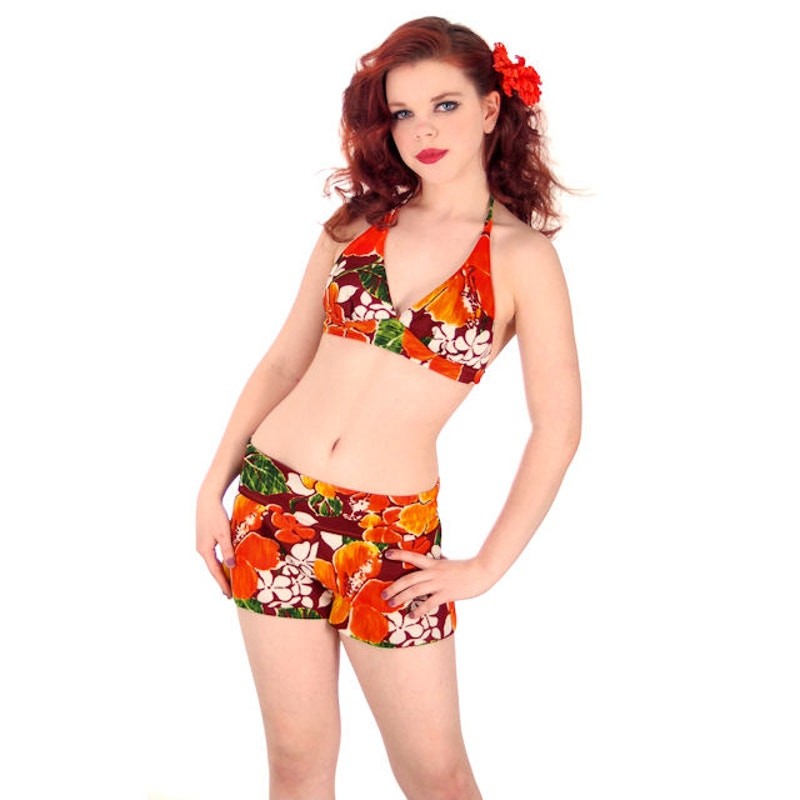 VTG 70s Hawaiian Bikini Set Halter Bra + Boy Leg Shorts Retro Swim S/M