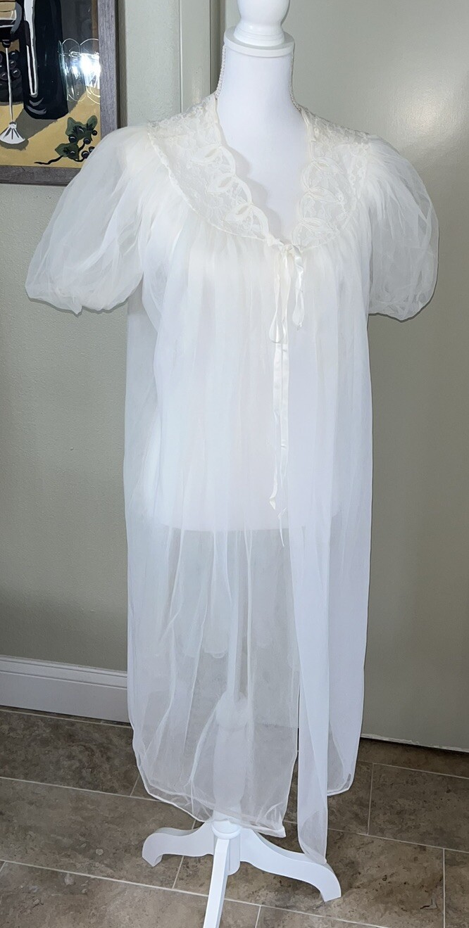 Vintage Avian Peignoir Nightgown And Robe Set White Lace Trim Sheer Small Nylon