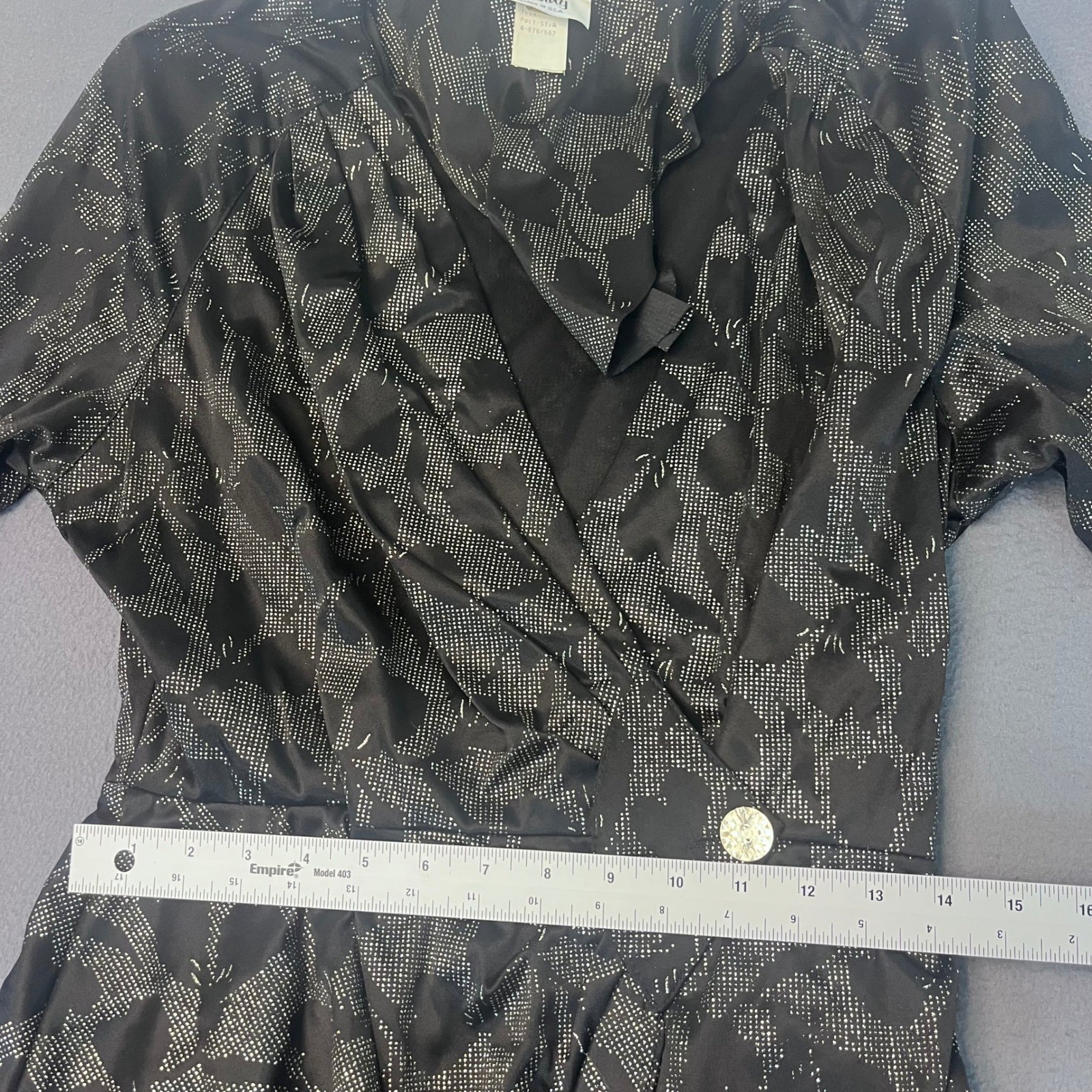 Vintage Jenny Black Silver Metallic Peplum Maxi Dress Size 12 Made in USA Floral