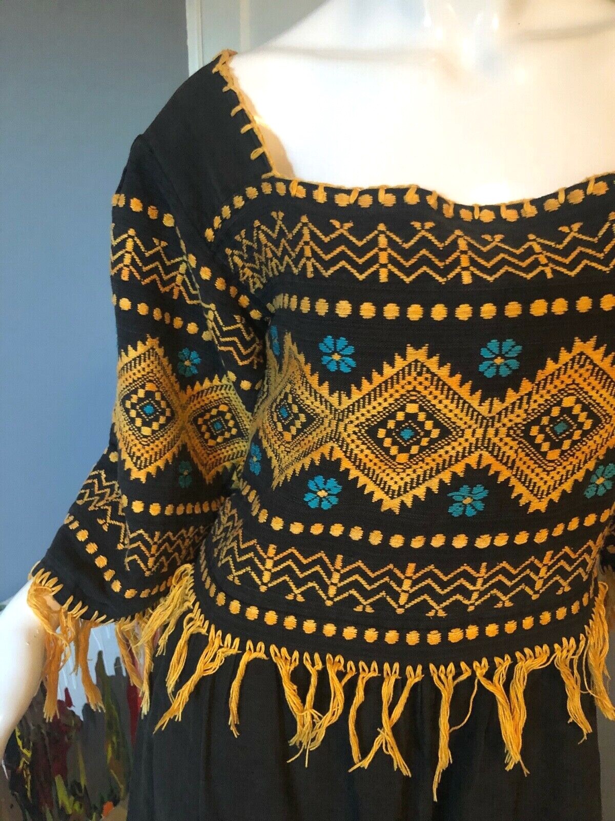 Dress M Vtg 70s Cotton EMBROIDERED FLORAL FRINGE Ethnic BOHO Mexican MIDI OOAK