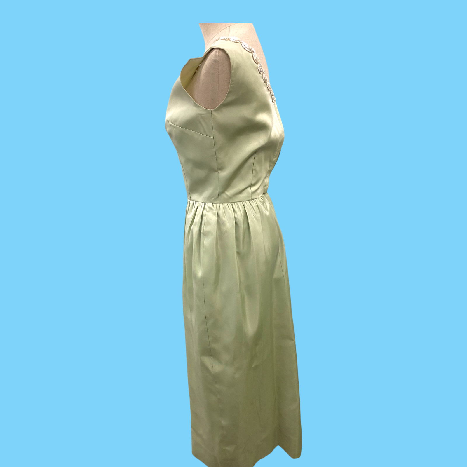 Vintage 1960s Pale Green Maxi Gown W/ Whitge Sequins Small