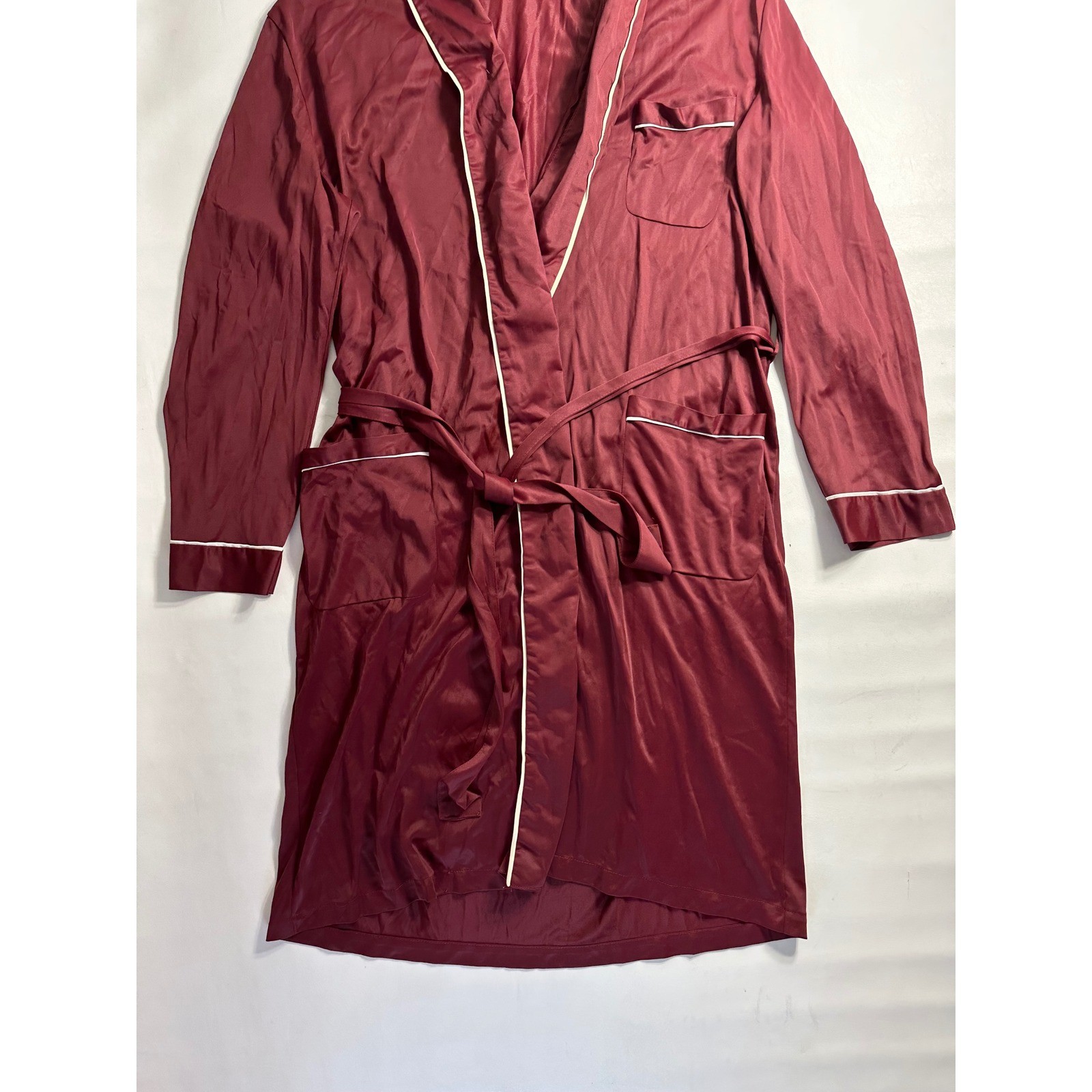 Vintage Towncraft JCPenney Burgundy Nylon Tricot Wrap Robe White Piping Large