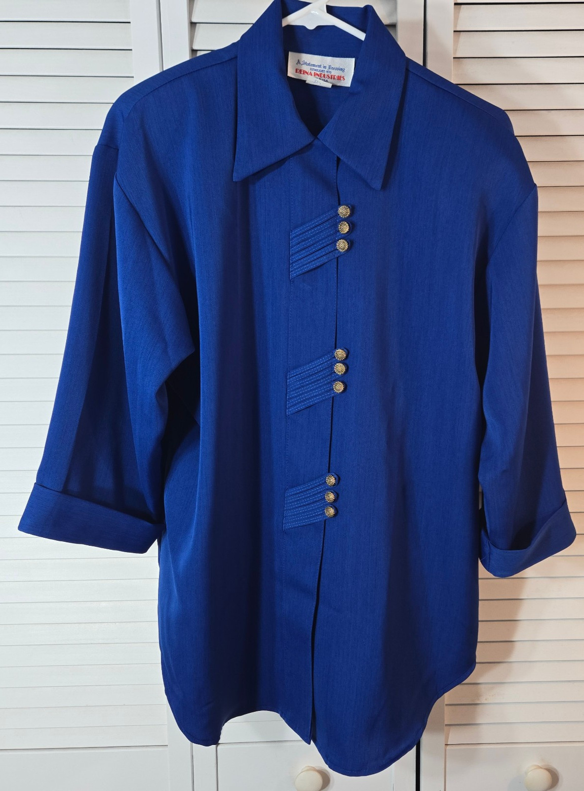 Reina Industries Sz 8 Shirt Top Electric Blue Oriental Button 3/4 Cuffed Sleeve
