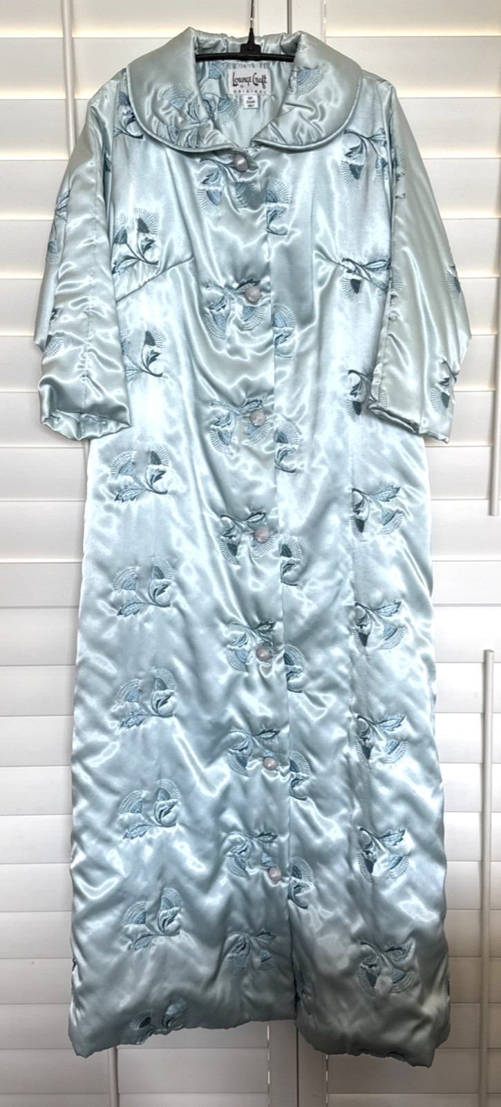 WOW! Vintage Lounge Craft Satin Blue Embroidered Maxi Robe S/M STUNNING & Mint