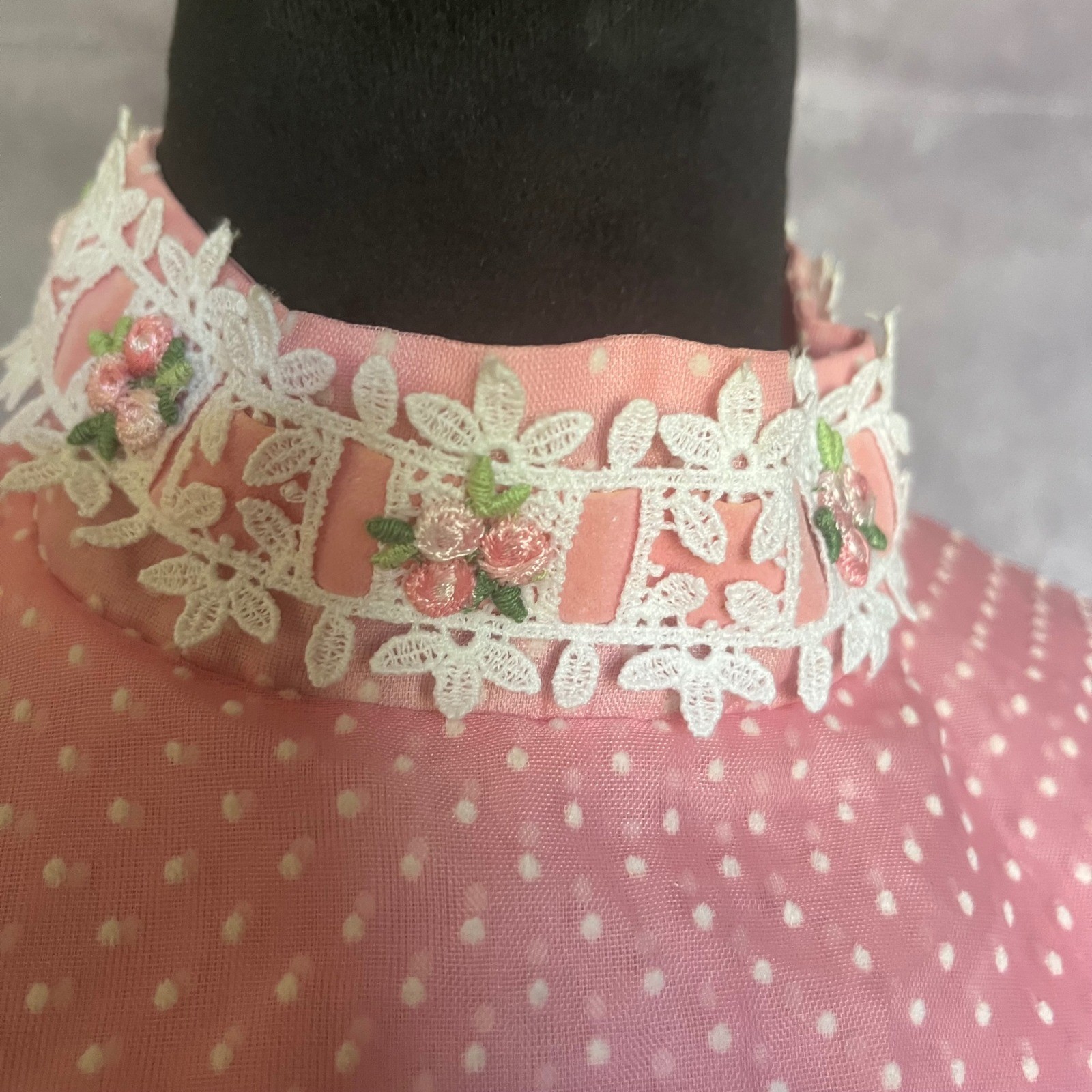Vtg 50s 60s Pink Maxi Dress S Dotted Swiss Overlay Floral Lace Caped Gown MCM