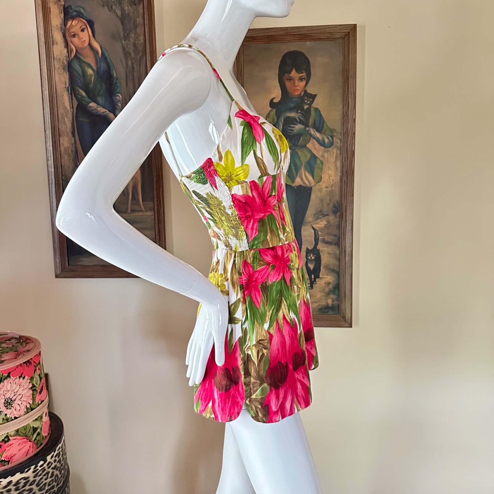 Vintage 1950s Kahala Electric Floral Hawaiian Pin-up Swimsuit Playsuit Romper S