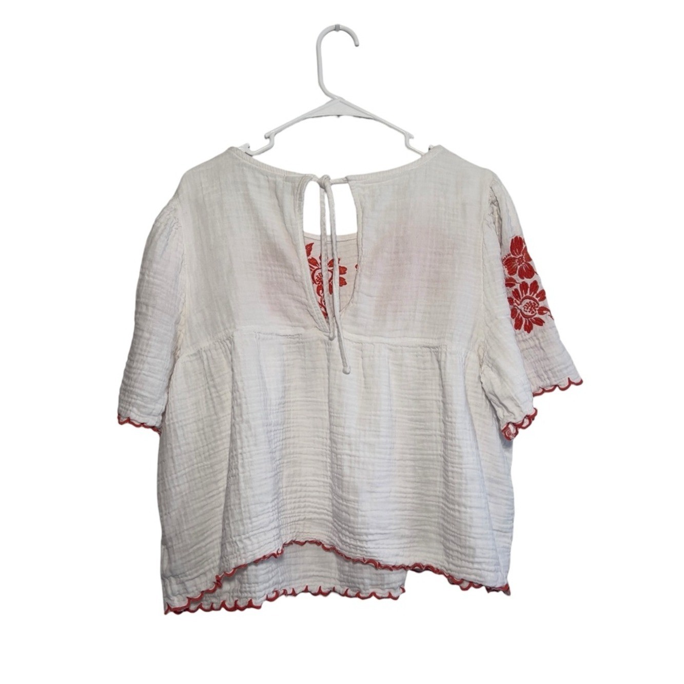 Old Navy Embroidered Crinkle Gauze Boho Peasant Top Orange Floral Scallop XL