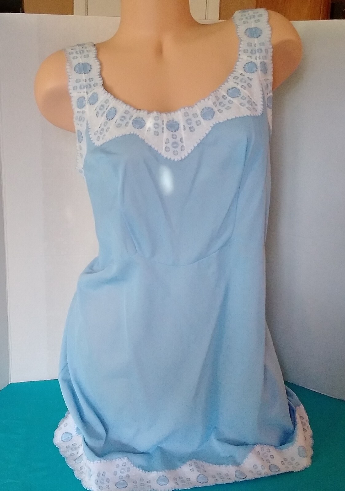 Vintage 60’s Full Slip Dress Chemise European Wide Strap Retro Blue M-L