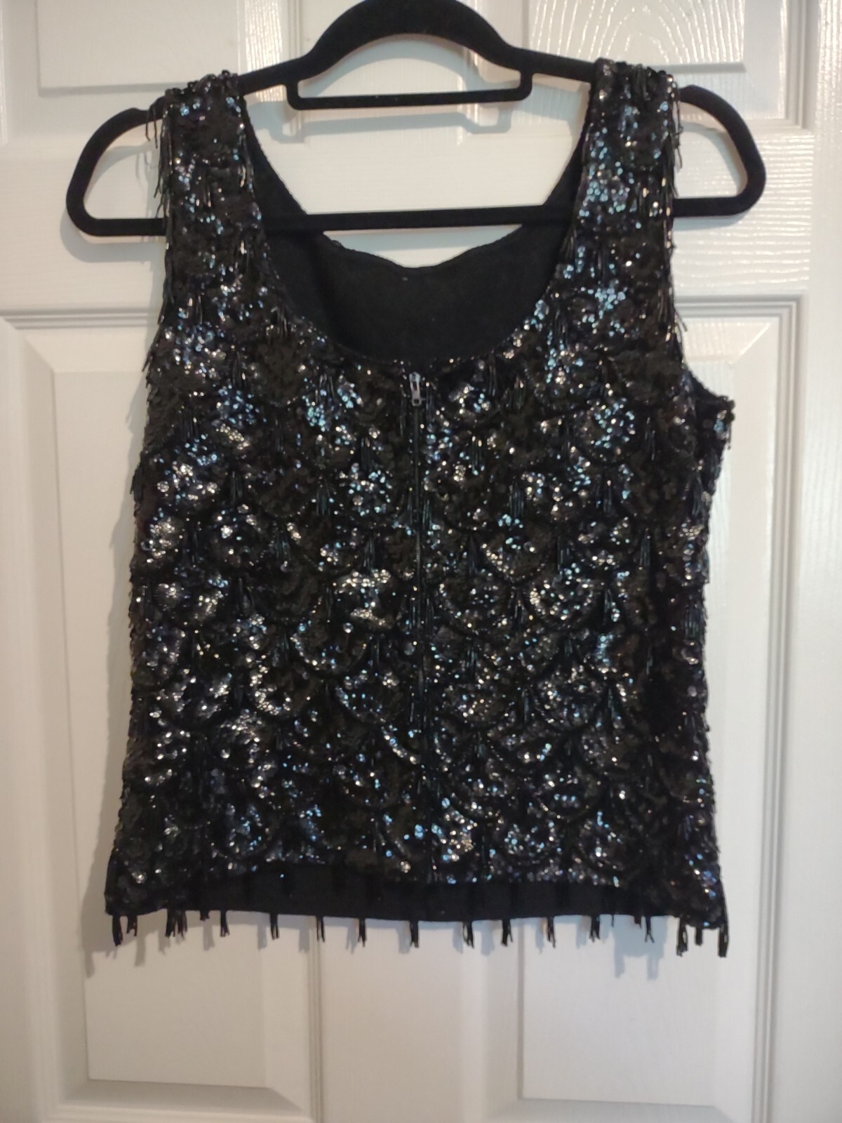 Vintage 1960s Beaded Go Go Fringe Cocktail Top Black Wool Sequins Beads Lined S