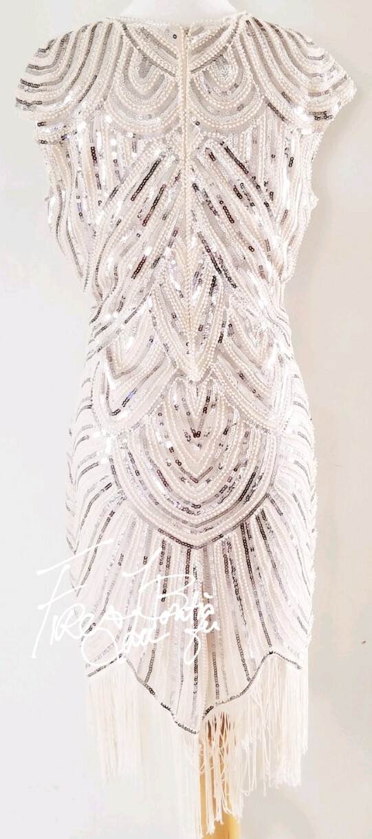 VINTAGE 60s 70s BEADED PEARL SEQUIN FRINGE FLAPPER DRESS SZ M 6 8