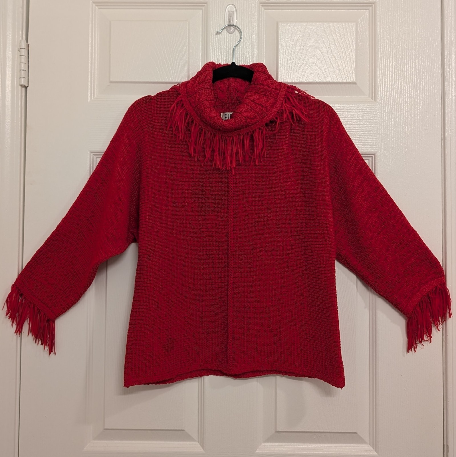 VTG FIA ITALIA Sweater Top Fun Fringe Hand Loomed Red Turtle Neck Women’s Sz S