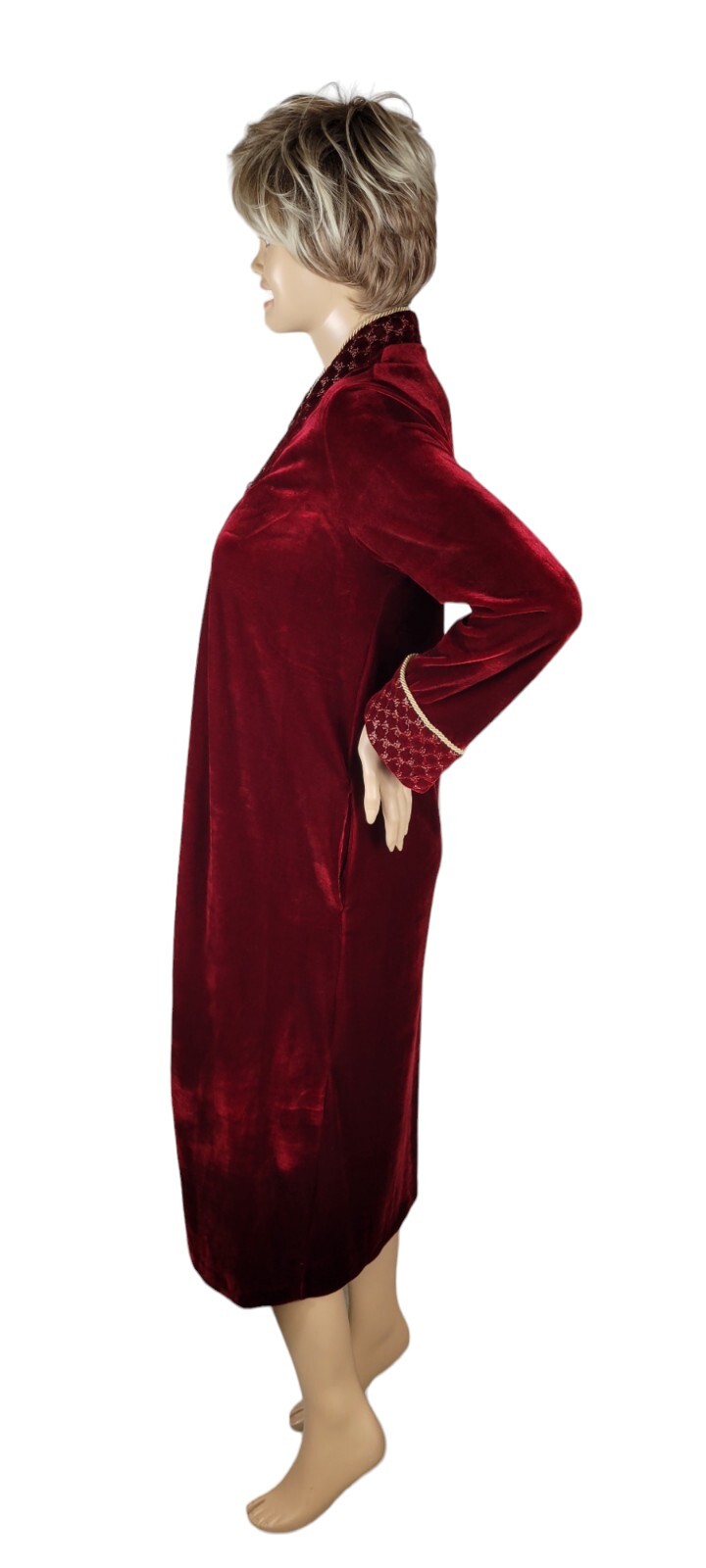 Vintage Whispers Velvet Velour Red & Gold House Coat Robe Nightgown Size Small