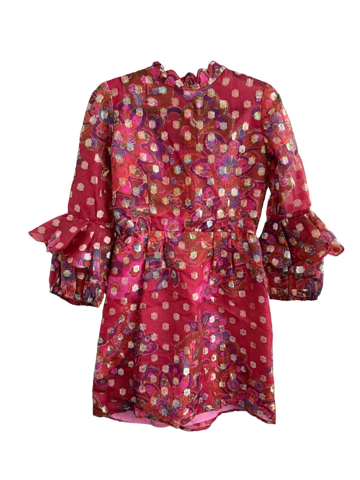 Vintage Tina Leser Orig 1960s Red Mini Dress 3/4 Lantern Sleeves Metallic Small