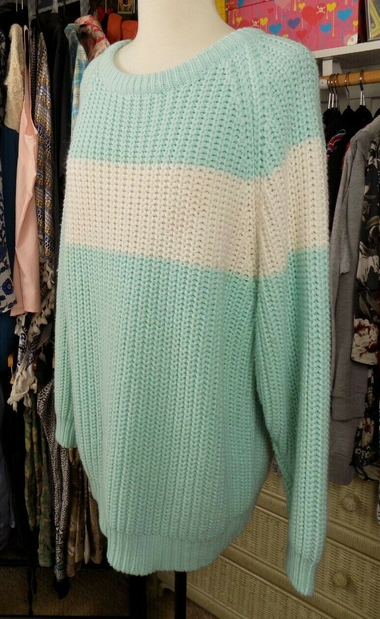 One Step Up Vintage Pastel Mint Green White Striped Sweater L Large Acrylic Cute