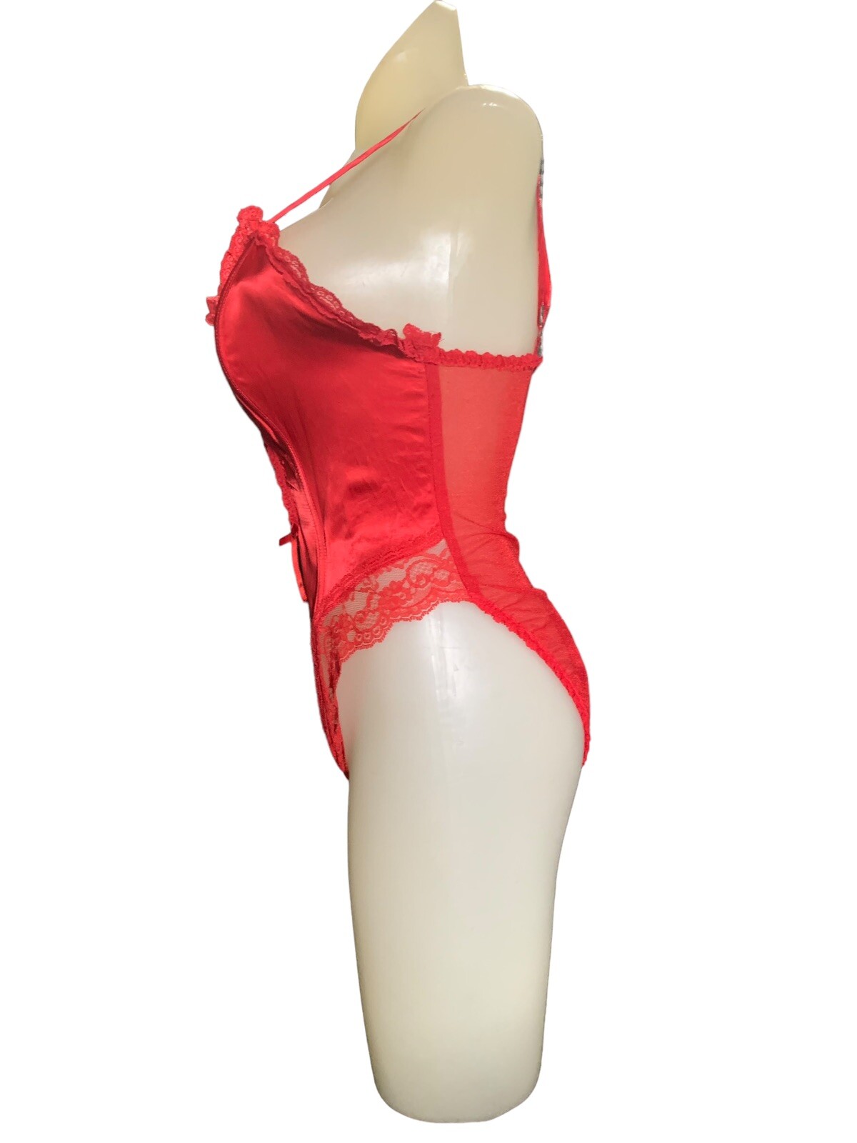 VTG E Bole GLOSSY Lipstick Red Satin Spandex TEDDY Bodysuit Bra PANTY Med Lace