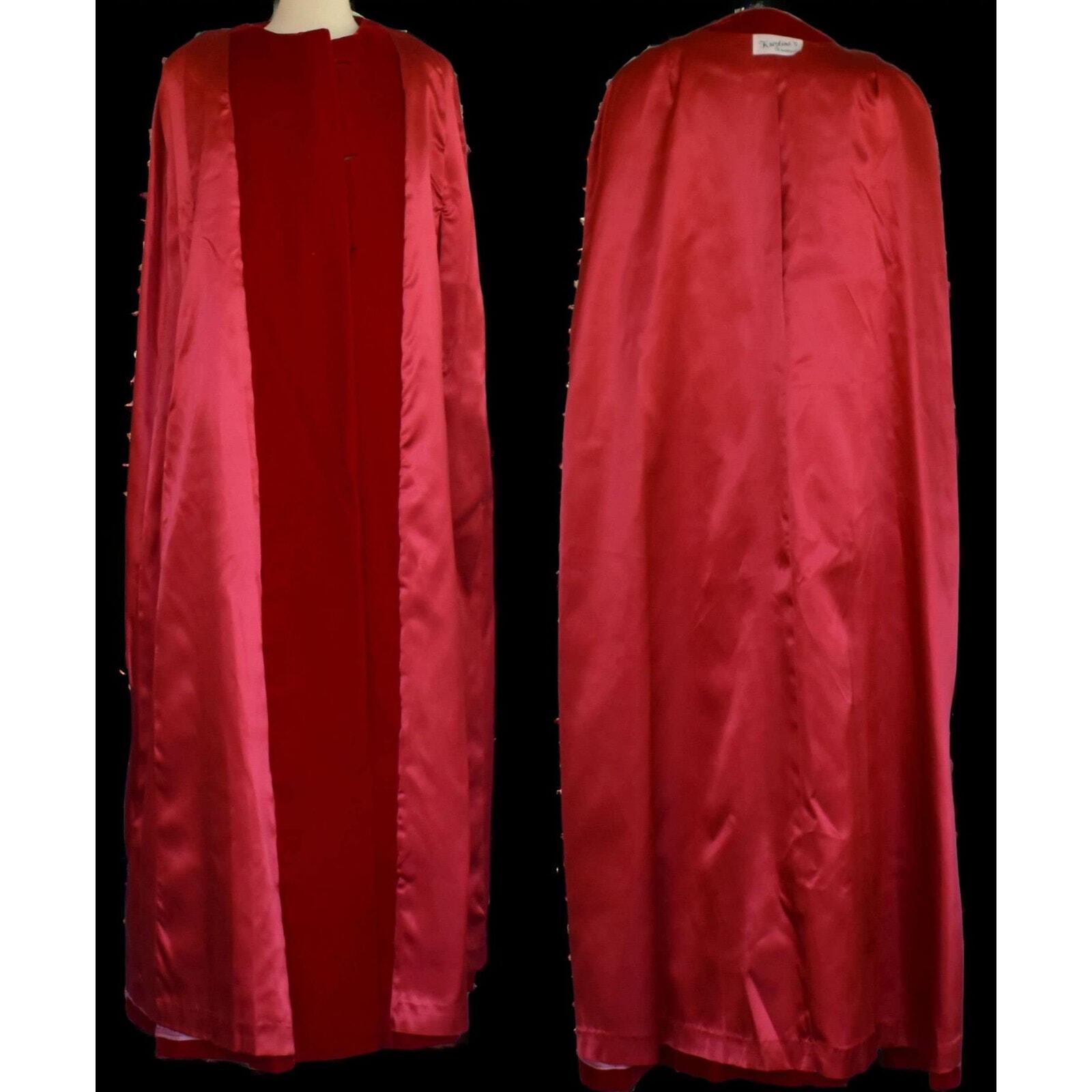 Vintage 60s Red Velvet Ankle Length Cape, Rhinestone Buttons, Size M, L, XL