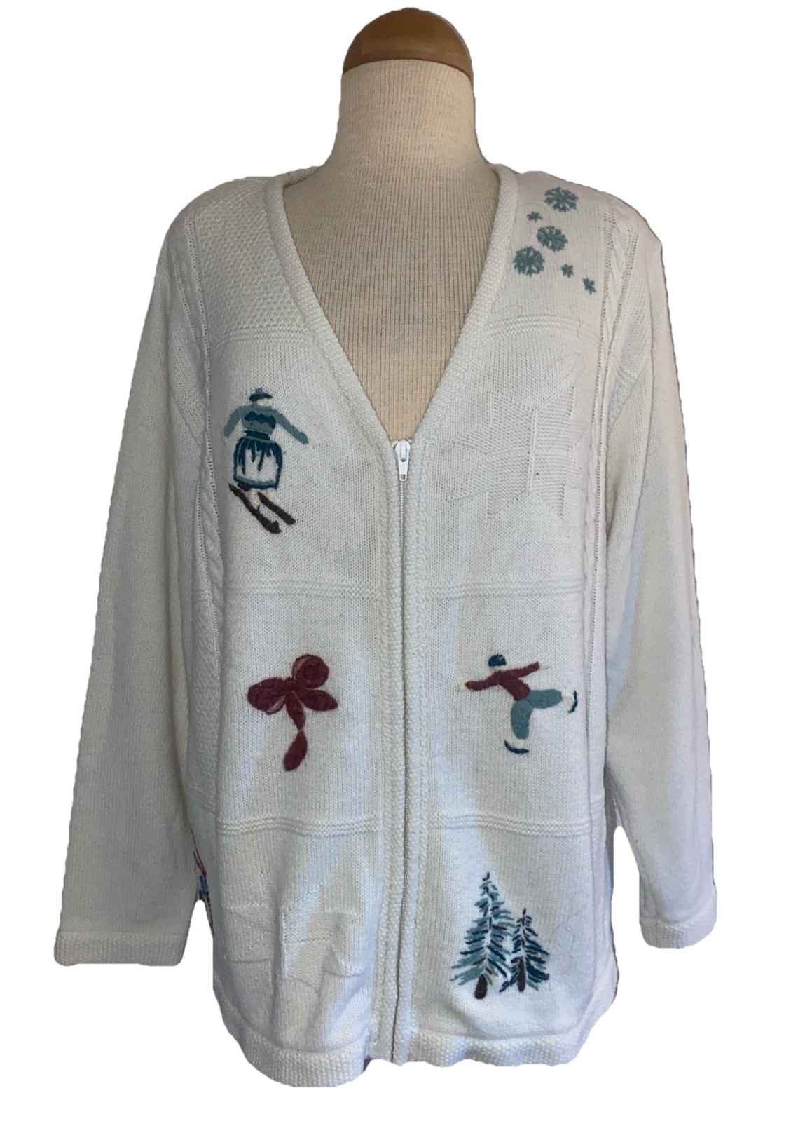 Tanjay Vintage Zip Up Cardigan Winter Theme Ski Holiday Sweater Women’s SZ L