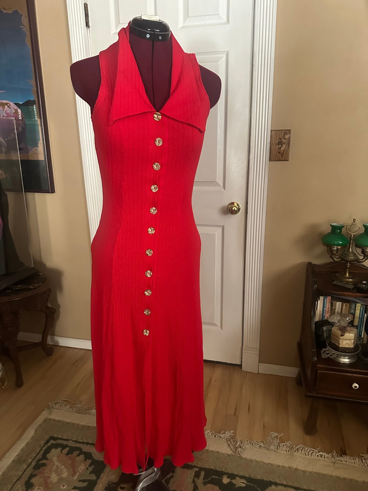 Vintage 100% Cotton Womens Button Front Maxi Dress Red Classic Sundress XS
